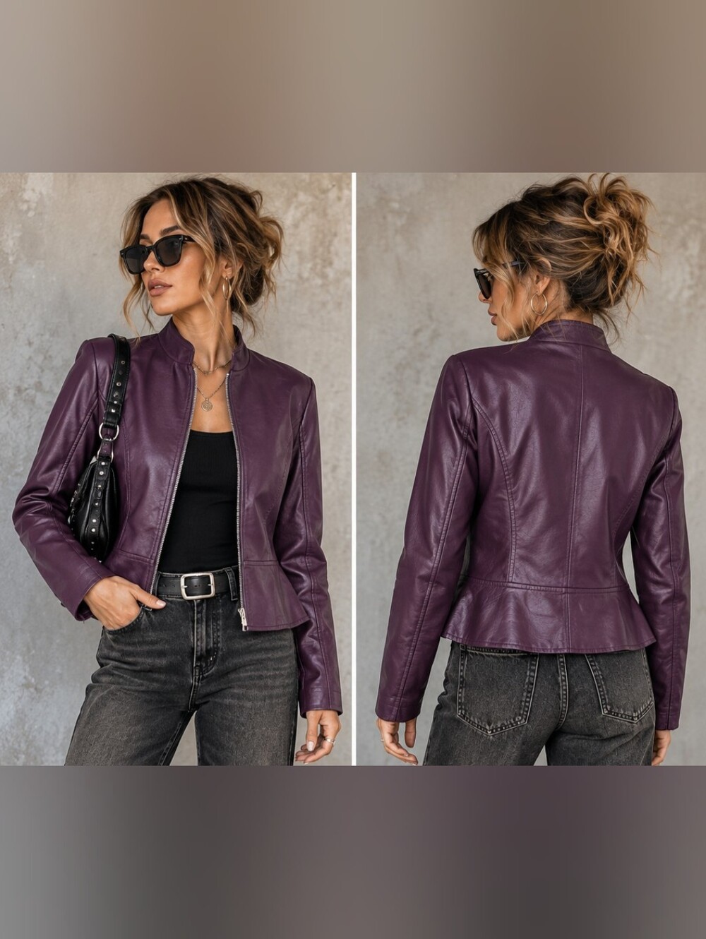 Baccini Peplum Faux Leather Jacket M Plum Purple Moto Biker Y2K Edgy Alt